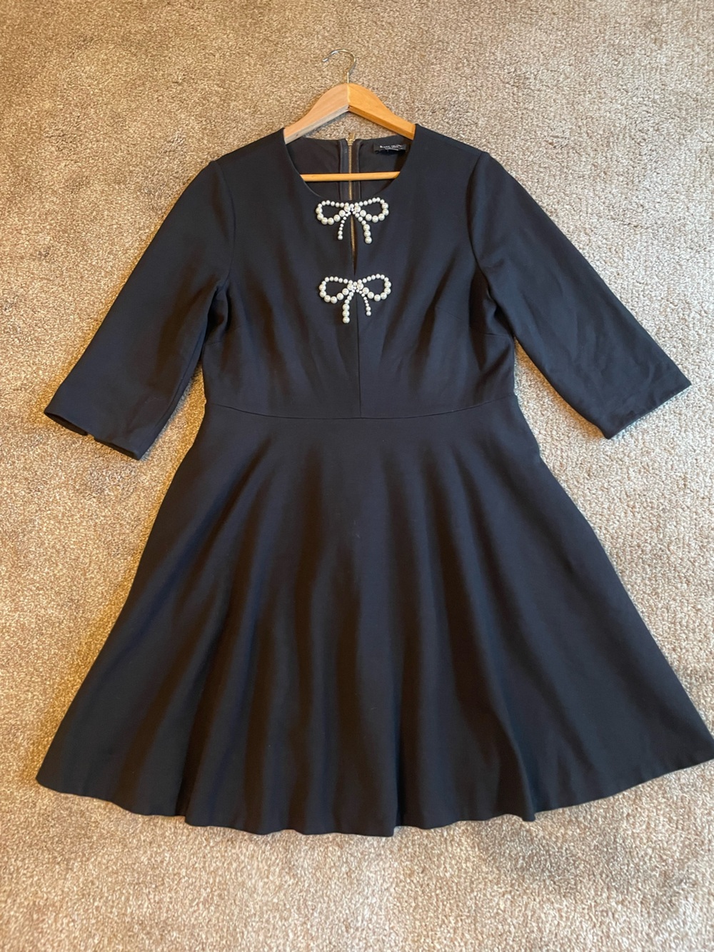 Kate Spade Black Pearl Bow Ponte Dress Size L Fit N Flare 3/4 Sleeved